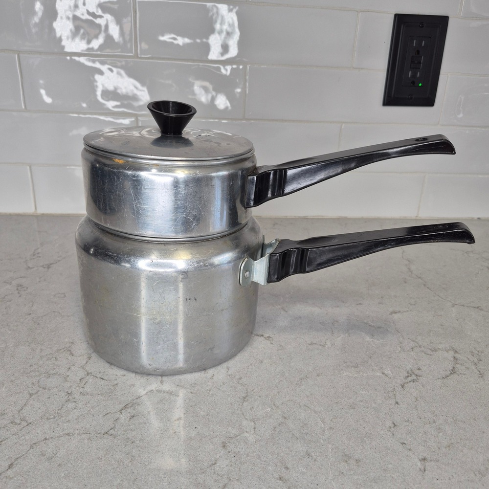 Vintage Double Boiler Aluminum Bakelite Handle Silver